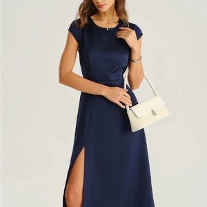 Navy Cap-Sleeve Satin Maxi Dress with Side Slit